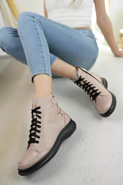 جلد طبيعي سستة عارضة الدانتيل متابعة أحذية نسائية قصيرة / حذاء