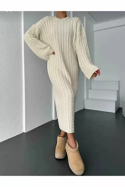 Ecru haarvlecht gedetailleerde gebreide jurk voor dames