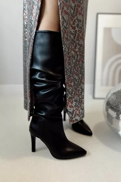 ديفا الكعب تحت الركبة وأشار اصبع القدم ماتي الجلود السوداء المرأة مجمعة الأحذية