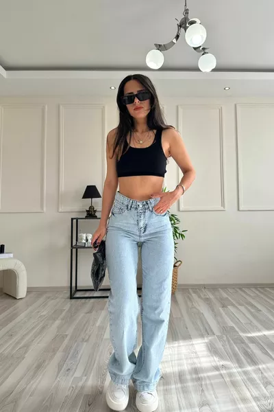 ليزا  سنو واش أزرق عالي الخصر ليكرا رث جينز بالازو السراويل