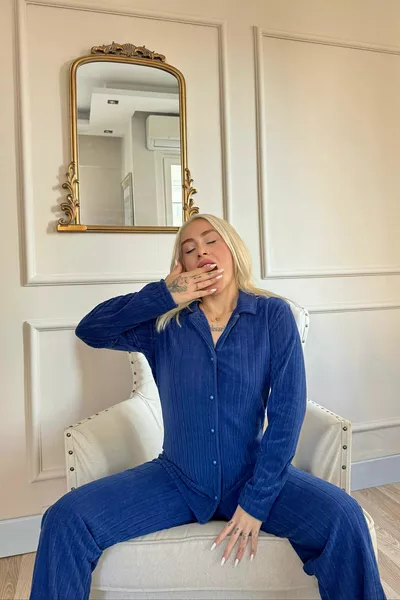 Navy Blue Flat Front Button Plush Fleece Pajama Set