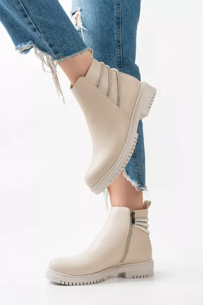 Cream Stone Stripe Side Stone Detail Zippered Leather Look Seasonal Classic Women's Short Booties Bootie