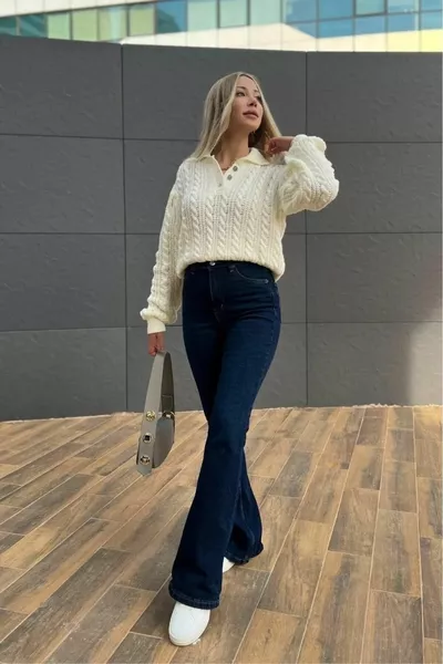 آنا أزرق غامق خصر عالي الجينز مضيئة جينز ليكرا نسائية