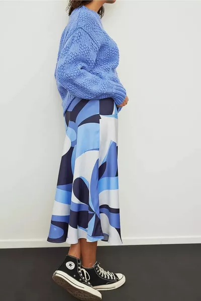 Patterned Satin Midi Length Skirt