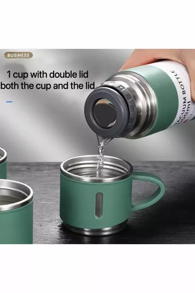 Stainless Steel Double Layer Vacuum Thermos Set With 3 Mug Cups