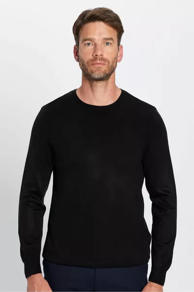 Slim Fit Slim Fit Zachte Getextureerde Non-Pilling Zwarte Ronde Hals Gebreide Trui Voor Heren