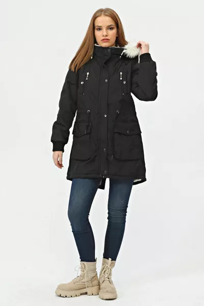 Женское черное плюшевое зимнее пальто на талии со шнурком и капюшоном