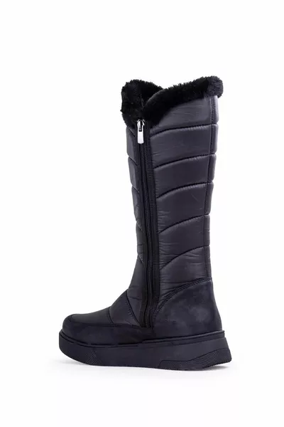 Women's Black Fur Long Snow Boots
