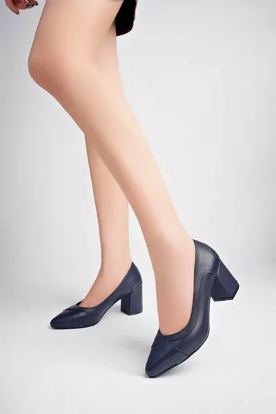 جلد طبيعي كحلي أزرق نسائي كعب أحذية جلدية 