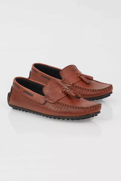 Men's Tan Front Tassel Detailed Casual Pattern Genuine Leather Loafer