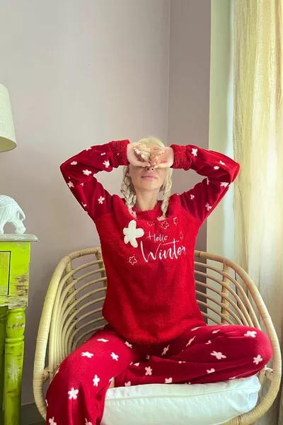 Красный Hello Winter Узорчатый женский плюшевый пижамный комплект