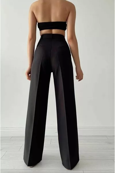 Pantaloni Palazzo da Donna in Tessuto Plissettato Nero