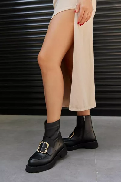 Napoli Stivali Donna Nera in Vera Pelle con Fibbia Oro