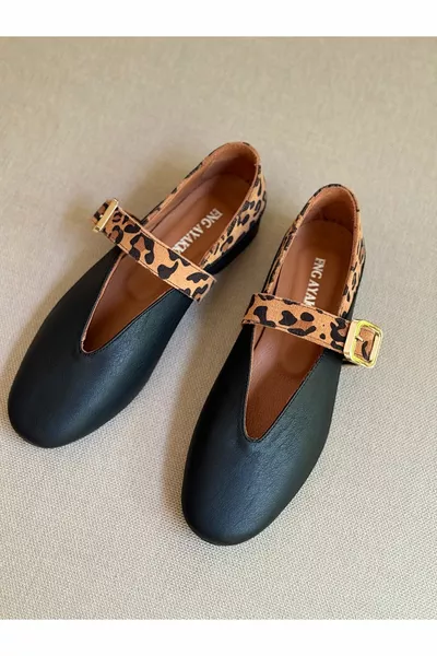 داخل وخارج مشبك الذهب جلد طبيعي مفصل ليوبارد المرأة الباليه الشقق