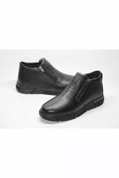 CUIR VÉRITABLE ANTIDÉRAPANT PILE À L’INTÉRIEUR DOUBLE FERMETURE ÉCLAIR FACILE À PORTER BOTTES COURTES D’HIVER NOIRES POUR HOMMES