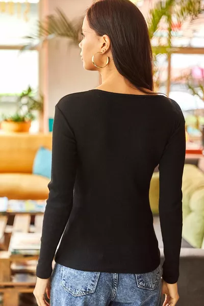 Camicetta a coste in lycra dettagliata giogo nero da donna 