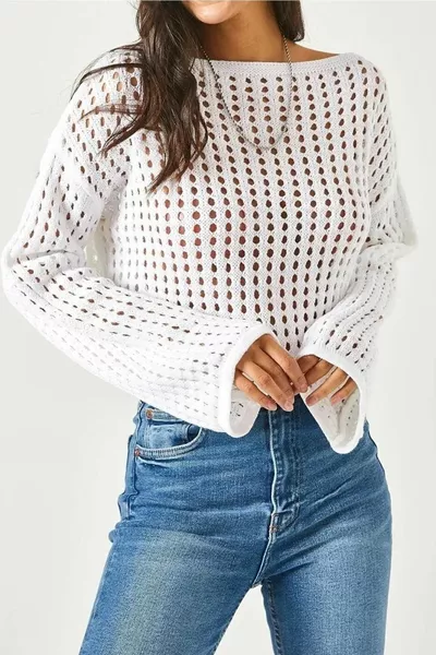 Women's White Spanish Sleeve Wide Collar Openwork Shabby Perforated Crop Knit Blouse