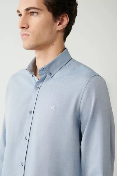 Donkerblauw Oxford-overhemd met knoopkraag en gemakkelijk te strijken katoenen Oxford-overhemd voor heren 