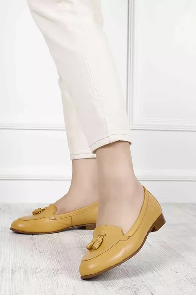 الخردل الجبهة جلد طبيعي جولة اصبع القدم شقة وحيد الشرابة المرأة الباليه الشقق 