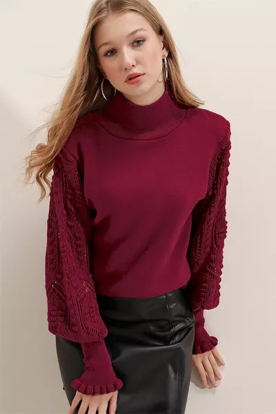 Burgunderfarbener halber Pullover mit Fischergriff und Spitze für Damen