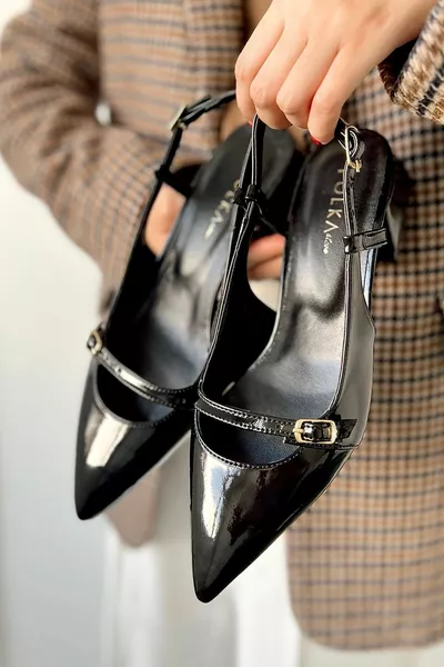 Прости заострени пръсти Катарама с една каишка Лачена кожа Блок Дамски обувки на ток