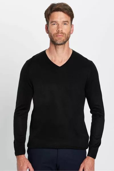 Мужской Slim Fit Slim Fit Мягкий текстурированный черный трикотажный свитер с V-образным вырезом