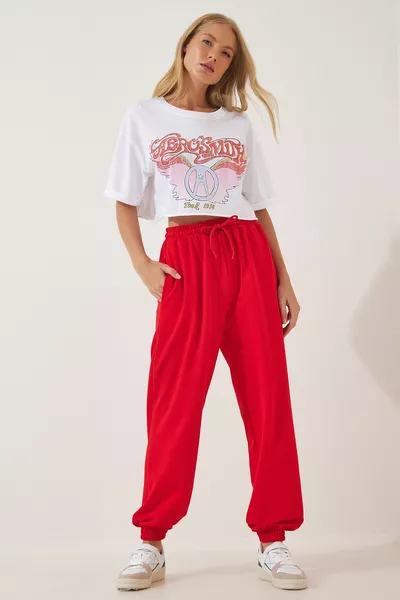 بنطال رياضي نسائي أحمر فضفاض للركض 