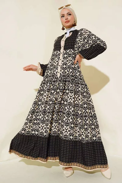 نسائي فستان أسود منقوش باللون الكريمي فسكوزي 