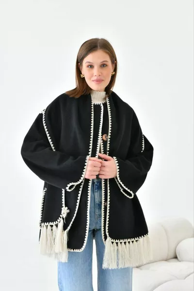 Вышивка Детализированный Уток Мягкий Штамп Пальто - Жакет Черный