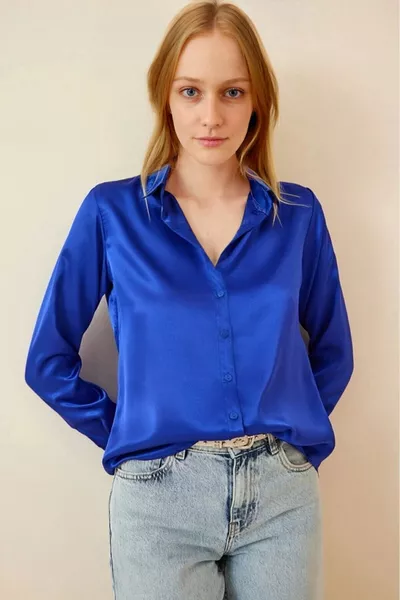 Women's Vivid Blue Light Flowing Satin Surface Shirt 