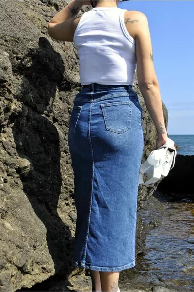 Zra Brand Model Denim Long Skirt with Slit in the Front Navy Blue