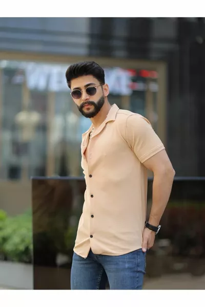 Men's Beige Cotton Ribbed Patterned Summer Short Sleeve Appaj Collar Shirt