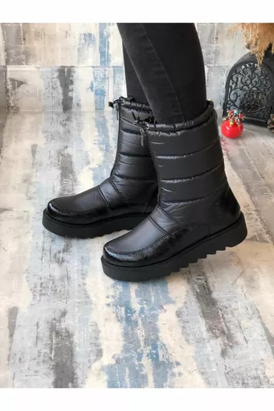 Women's Inner Fur Waterproof Black Patent Leather Snow Boots