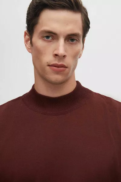 Regular Fit Burgunderfarbener halber Fischerstrickpullover aus Baumwollmischung