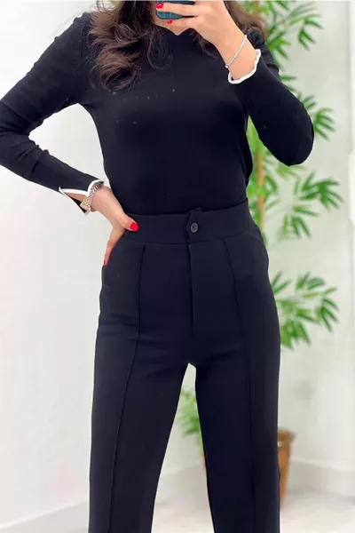 Pantalon noir taille haute à coutures côtelées Pickup Palazzo pour femme