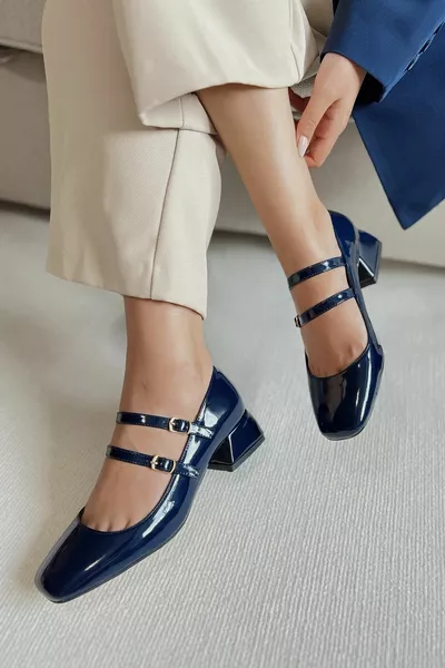 Women's Mary Jane Navy Blue Patent Leather Closed Back Double Band Square Toe Hard Hat Short Block Heels