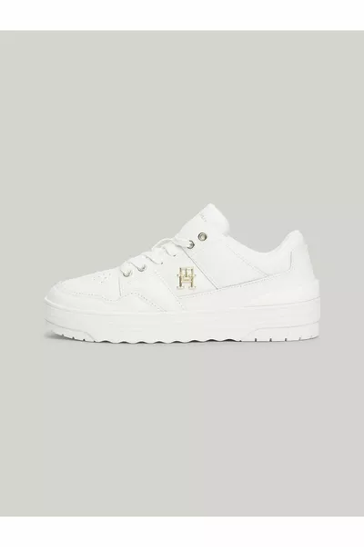 نسائي شعار العلامة التجارية الدانتيل متابعة عدم الانزلاق وحيد عارضة أحذية رياضية بيضاء -YBL