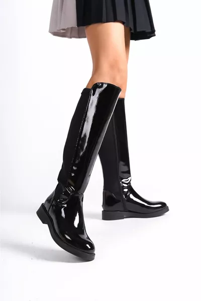 -RS أسود لامع جلد لامع أحذية طويلة مع شريط مطاطي مرن