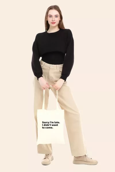 آسف لقد تأخرت حقيبة كتف من القماش الخام