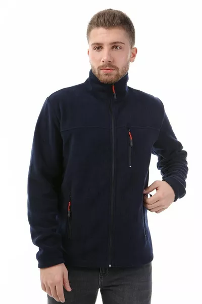 Unisex Navy Blue Bato Collar Full Zipper 3 Pocket Outdoor Fleece Jacket
