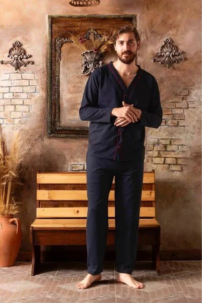 طقم بيجامة قطن عالي الجودة بأزرار رجالية 