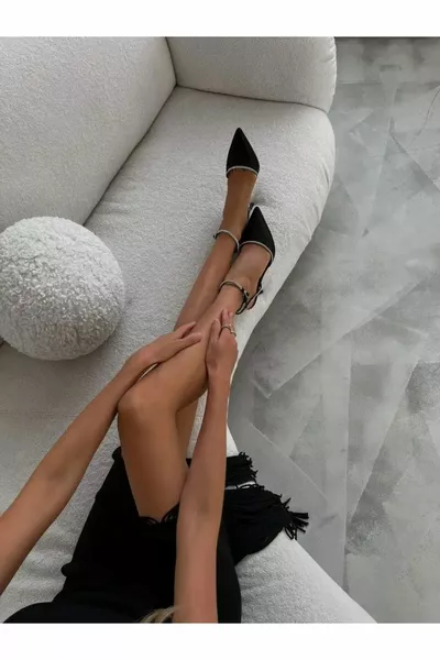 Дамски черен сатен 8 см прозрачни токчета Черни каменни вечерни обувки със заострени пръсти