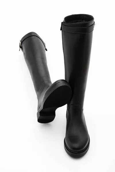 المرأة جلد طبيعي أحذية عارضة الركبة تحت الركبة رايدر الأحذية ليزا الأسود