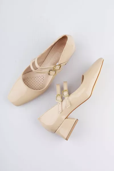 Donna Mary Jane Beige Vernice Chiuso Posteriore Doppia Fascia Punta Quadrata Elmetto Tacchi Corti A Blocco