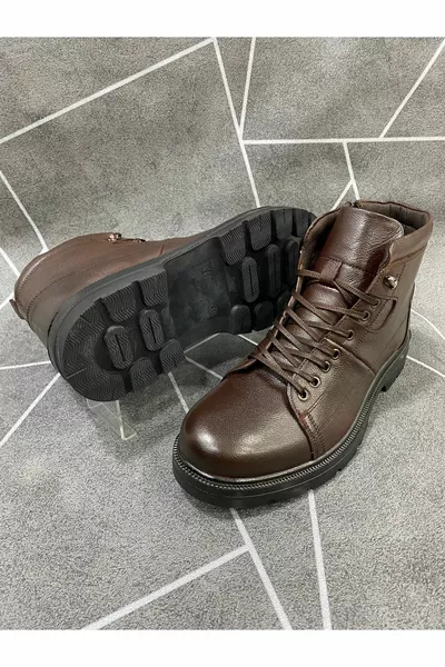 Brown Zipper Genuine Leather Rubber Sole Postal Boots