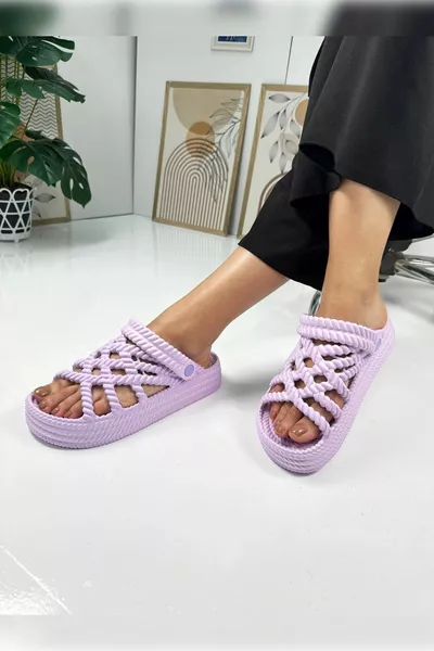 Casual Women's Lilac Slippers Knitting Detailed Thick Sole Oval Toe Sea Sandals 