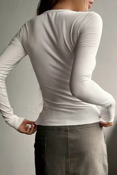 Women's White Button Detailed Egged Button Crew Neck Long Sleeve Corduroy Camisole Blouse Bodysuit