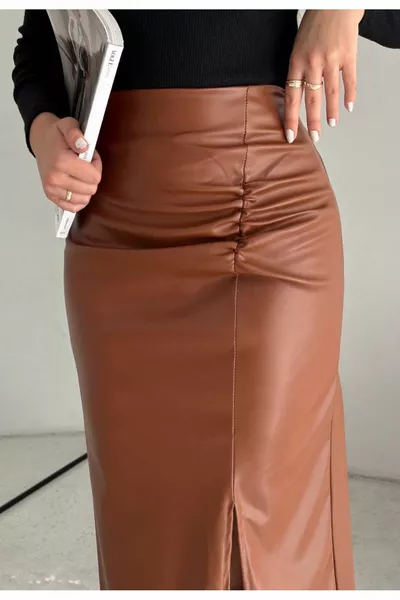 المرأة البني الجانب الرباط مفصلة شق تنورة جلدية