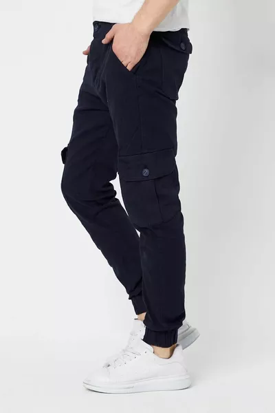 الرجال مطاط الساق عالية الخصر الأزرق الداكن البضائع جيب السراويل