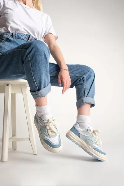 Femme Semelle haute Sneaker Tissu lin Baskets à lacets Corken Blue Denim